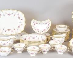 92 118 Pieces Royal Crown Derby Royal Antoinette 118 piece set of Royal Crown Derby porcelain dinnerware in the Royal Antoinette pattern. A full service for 12, plus additional pieces. 15 dinner plates, 14 salad plates, 13 bread & butter plates, 15 cups & 15 saucers, 12 bouillons & 12 bouillon saucers, 12 crescent salad plates, 4 oval vegetables, sugar & creamer, gravy boat & underplate, 1 large platter, 1 smaller platter. All marked Derby China Royal Crown Derby English Bone China XXXV. Larger platter 15"L, dinner plate 10"-diameter. Flake on underside of rim of 1 dinner plate.