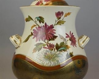 91 Doulton Burslem Porcelain Slop Jar Two handled lidded porcelain slop jar, with floral and gilt decoration. Impressed Doulton's Burslem mark and artist initialed JW and numbered 10448 on underside. Jar and lid stamped Doulton with diamond English registration marks for clay ware. Circa 1880s. 15 1/4"H