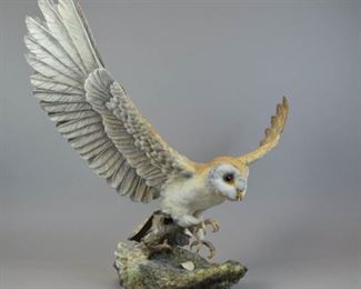 97 Boehm Porcelain Barn Owl Boehm bisque porcelain Barn Owl. Signed on the base and stamped on the underside Boehm Bone Porcelain, Made in England, Limited Edition, with horse head and crown. 20"H x 24 1/4"W