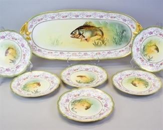 102 7 Pieces Limoges Porcelain Fish Set Hand painted D & C France (Delinieres & Co.) L. Bernardaud & Co. Limoges porcelain fish set, consisting of a platter and 6 plates. All artist signed Made. With D & C and L. Bernardaud marks. Platter 25 3/4"L, plates 9"-diameter