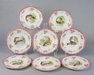 104 Set of 7 Austrian Crown China Fish Plates 7 hand painted fish plates, marked on the underside Vienna Austria and Imperial Crown China Austria. Each 8 1/4"-diameter. 2 repaired.