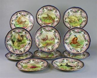 105 Set of 12 Copeland Spode Game Plates 12 full color game plates, circa 1901. With centers depicting different game birds, and cobalt and gilt rims. Each with Copeland Late Spode stamps, impressed Copeland marks and various impressed 1901 date marks. Each 9 1/4"-diameter. Line in 1, 1 repaired.