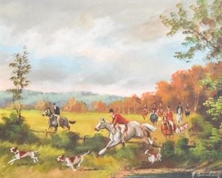 108 Oil on Canvas Hunt Scene Oil on canvas English hunt scene. Signed illegibly lower right. 12 3/4" x 16 1/2"