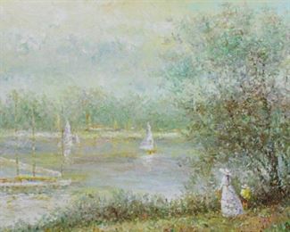 111 Du Bois Impressionist Oil on Canvas Lake Landscape Henri du Bois (French, 20th century). Impressionist style oil on canvas woman and child watching sailboats in a lake. Signed lower right du Bois. 23 1/2" x 35 1/2"