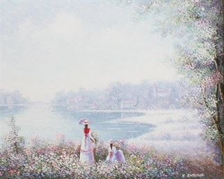 112 H. Romunde Impressionist Oil on Canvas Impressionist style oil on canvas mother and child picking flowers. Signed lower right H. Romunde. 19 1/2" x 23 1/2"