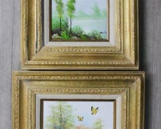 116 2 Oils on Canvas Nature Scenes Oil on canvas butterflies in landscape, signed lower left Linda, 7 1/2" x 9 1/2"; oil on canvas geese in landscape, signed lower right Bailey, 9 1/2" x 7 1/2".