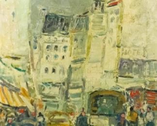 118 Robert Coutelas Oil on Canvas Street Scene Robert Coutelas (French, 1930-1985). Oil on canvas of a European city street scene, titled on a plaque below the painting "Autour Des Halles" and titled on the stretcher Rue St. Denis. Signed lower right Coutelas, and signed and dated 71 on the verso. 31 1/4" x 25". Chips to frame