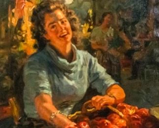 123 Giovanni Madonini Oil on Canvas Woman With Apples Giovanni Madonini (Italian, 1915-1989). Oil on canvas of a market scene with a woman with a basket of apples. Signed lower left G. Madonini. 23 1/2" x 19 1/2"
