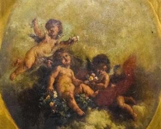 124 Jean-Ernest Aubert Oil on Canvas Cherubs Jean-Ernest Aubert (French, 1824-1906). Oil on canvas depicting cherubs with flowers. Signed lower left, in red, JE Aubert, and dated 1869. Image size 18 1/2" x 15 1/2" (canvas size 20" x 16 1/2"). Crazing, scratches, marks from original oval frame, Inner frame detached (pieces present), and separated from larger outer frame.