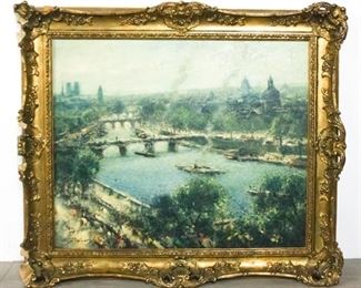 125 Ludolf Liberts Oil on Board Ludolf Liberts (Latvian/American, 1895-1959). Oil on board Continental city scene with river. Signed lower left L. Liberts. 19 1/2" x 23 1/2". In gilt frame, chips and breaks to frame (most pieces present)
