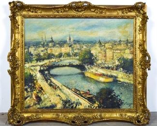 126 Ludolf Liberts Oil on Board Ludolf Liberts (Latvian/American, 1895-1959). Oil on board Continental city scene with river. Signed lower right L. Liberts. 19 1/2" x 23 1/2". In gilt frame, chips and breaks to frame (most pieces present)