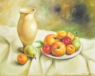 129 Oil on Canvas Still Life With Fruit Signed lower right G. Cowell. 15 1/2" x 19 1/2"