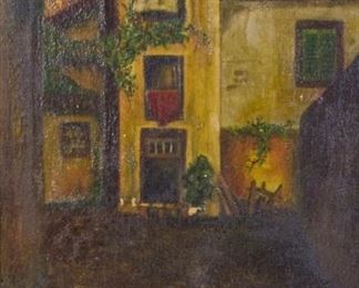 133 J Gonzalez Oil on Canvas Oil on canvas of a house and street, signed lower right J Gonzalez. 12 1/2" x 8 3/4". Crazing, paint loss near roof of building and below doorway.