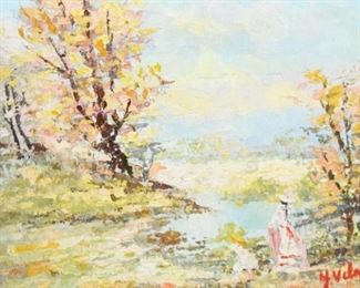 132 Y Vilan Oil on Canvas Oil on canvas woman in lake landscape, signed lower right Y. Vilan. 7 3/4" x 9 3/4"