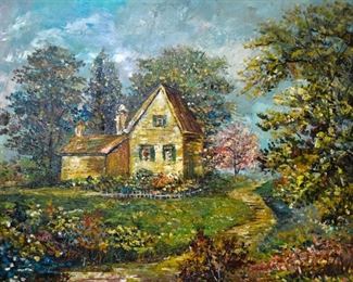 131 Oil on Canvas House in Landscape Signed illegibly lower right. 19 1/2" x 23 1/2"