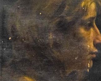 134 Oil on Canvas Portrait of a Woman in Profile Portrait of a woman, in profile. Unsigned. Rectangular canvas in an oval frame. Sight size, 14 1/4" x 11 1/2". Considerable wear and paint loss, detached from frame.