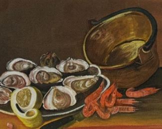 136 Pastel on Paper Oysters Pastel on paper drawing of oysters. Signed lower right Higgins. 13 1/2" x 21 1/2". In carved wood frame, some chips to frame.