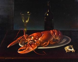135 Elio Brombo Oil on Canvas Still Life With Lobster Elio Brombo (Italian, 1926-2014). Oil on canvas still life with a lobster. Signed lower left E. Brombo. 23" x 31"