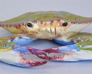 141 Singing River Original Pottery Crab Pottery crab sculpture, signed on the underside Singing River Original. 8 1/4"L x 5"W x 2"H. Minor chip on claw