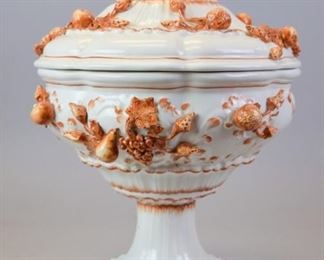 142 Italian Faience Tureen on Pedestal Porcelain lidded tureen marked Italy, applied fruit and leaf decoration, used for lobster buffet at The Manor in West Orange, New Jersey, 15 1/2"T x 10 1/2"W, some minor chips/paint wear