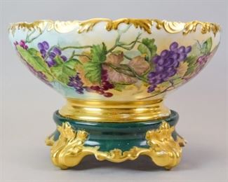 153 Limoges Hand Painted Punch Bowl on Stand Hand painted gilt and grape punch bowl on stand, marked T&V Limoges France Depose, 8 1/2"T x 13 1/2"W, wear on paint from use, no chips