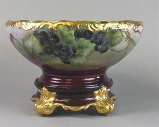 154 Limoges Hand Painted Punch Bowl on Stand Hand painted gilt and grape punch bowl on stand, marked T&V Limoges France, 9 1/2"T x 14"W, line inside bowl