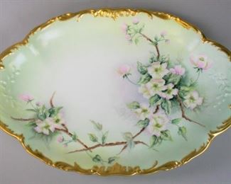 157 Large T&V Limoges Porcelain Platter Hand painted gilt and floral platter marked Venice T&V France, 20 1/2L x 14"W, no chips