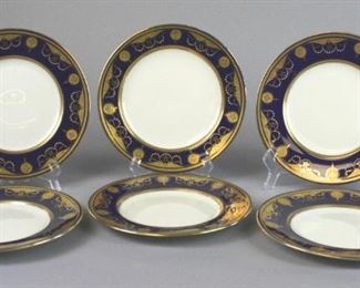 160 Set of 6 Mintons for Tiffany & Co. Dessert Plates Set of 6 porcelain dessert plates with cream centers, cobalt rims and applied gilt decoration. All marked on the underside Mintons, Tiffany & Co. New York, Made in England. Each 8"-diameter.