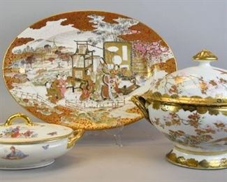 169 Grouping of Japanese Porcelain Serving Dishes Lot includes hand painted platter, 20"L x 14"W, no chips; gilt and floral motif handled tureen, 11 1/2"H x 14 1/2"W, some paint wear on lid and handles, no chips; gilt and hand painted low covered dish, 5 1/2" T x 13"W, some paint wear from use, no chips.