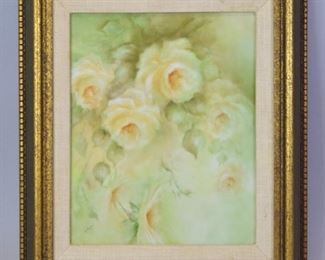 166 Porcelain Tile Plaque Hand painted porcelain tile plaque with floral decoration. 9 1/2" x 7 1/2". Artist signed illegibly lower left and dated 77.