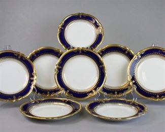 172 Set of 8 Copeland Spode Lancaster Dessert Plates Copeland Spode for Gilman Collamore. Set of 8 porcelain dessert or salad plates with white centers and cobalt and gilt decorated rims. Marked on the underside Spode Copelands China, England and Gilman Collamore & Co., 5th Ave. & 30th Street, New York. Each 8 3/4"-diameter