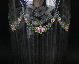 174 Silver Overlay Etched Glass Vase Etched glass vase with silver overlay rim and collar and hand painted floral decoration. Unsigned. 14 1/4"H