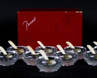 178 Set of 10 Baccarat Crystal Open Salts With 10 bone spoons. Each salt 1"H x 2"-diameter. All marked Baccarat France. With Baccarat box. Some wear to box.