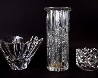 179 Orrefors & Hadeland Crystal Grouping 3 pieces of moden Scandinavian crystal. Hadeland Atlantic vase, 10 1/4"H; Orrefors cut crystal bowl, 3 1/2"H x 4 1/4"-diameter; Orrefors Orion bowl, 5 1/4"H x 8 1/4"-diameter. All signed on the underside. Orrefors cut bowl with additional paper label.