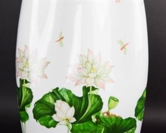 184 Paul Hanson Ancap Porcelain Vase Hand painted "folded" porcelain two handled vase, with Chinese style decoration, artist signed near handles. Marked on the underside Ancap Sona Verona, Italy, Made in Italy for Paul Hanson, with incised number 99/505. 17 3/4"H