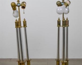 186 Pair of Chapman Brass & Acrylic Lamps Pair of brass and acrylic lamps. With Chapman paper labels. Each 34 1/4"H including finials. One missing foot.