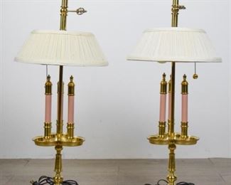 190 Pair of Brass Clover Form Lamps Pair of brass lamps with clover form bases and center "candle" holders. Each 31 1/2"H.