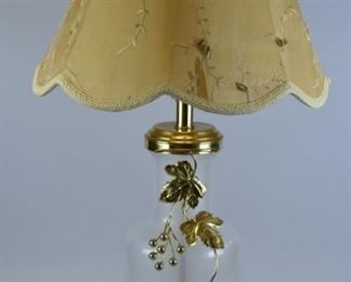 194 Brass & Glass Lamp Glass lamp with brass fittings and brass berry and leaf decoration. 32 1/2"H including finial