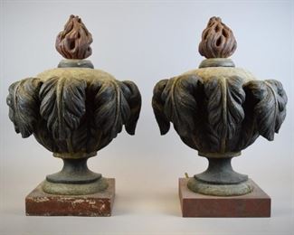 198 Pair of Carved Wood Lighted Architectural Elements Pair of carved wood architectural elements with acanthus leaves. Mounted with lamp fittings. Each 14"W x 8 1/2"D x 20 3/4"H. Some minor wear and roughness along tops.