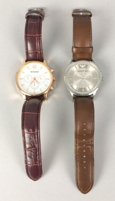 1 Migeer & Armani Watches 2 wristwatches: Migeer, gold tone with leather band; Armani, silver tone with leather band.