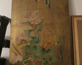 Large Asian-Style Wall Hanging, Floral Design on Gold Background