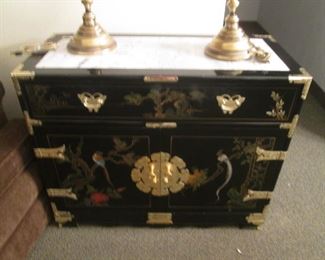 Lovely Asian-Embellished Buffet/Chest with Inlayed Marble Top & Brass Hardware