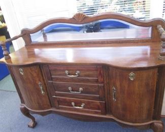 Older-Style Sideboard with Gallery Sides & Bevelled Mirror.  Drawers & Rounded Cabinet Storage.  Queen Anne Ball & Claw Feet