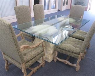 Glass Top Dining Table on Pedestals/6-Chairs, Upholstered with Carved & Antiqued Frames