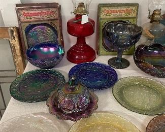 Carnival glass commemorative plates & oil lamps