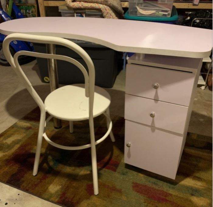 Modern Desk, Kidney Shaped Top with Chrome Accents and Metal Chair