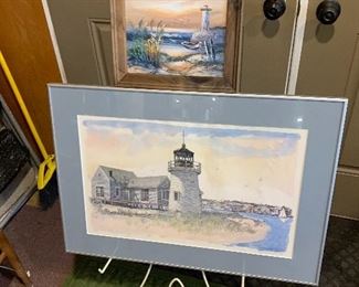 Top:  Oil painting, Bottom: Robert Kennedy Signed Limited Edition Framed Print: "Lighthouse at Entrance to Hyannis Harbor", 11/500.  Professionally framed and matted, signed RE Kennedy '79.   Measurements 29-3/4" x 21-3/4" as framed.    