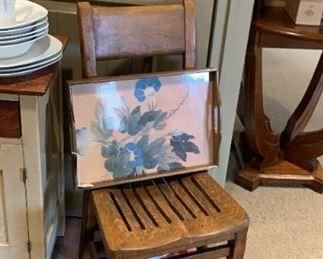 School house chair antique, laminated tray