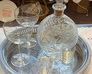 Decanter, etched glasses, stainless tray