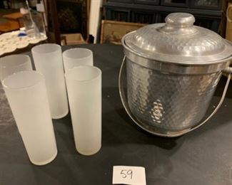 Hammered ice bucket, frosted iced tea glasses
